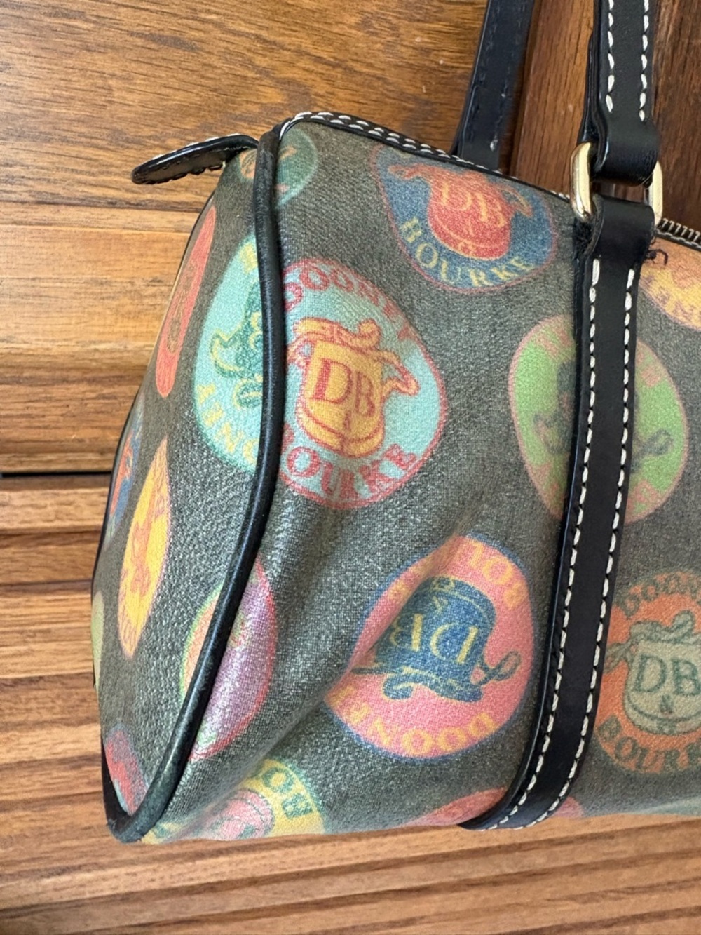 Dooney & Bourke Black/Multicolor Hearts/Letters Barrel Shoulder Bag Black Trim - Picture 8 of 13